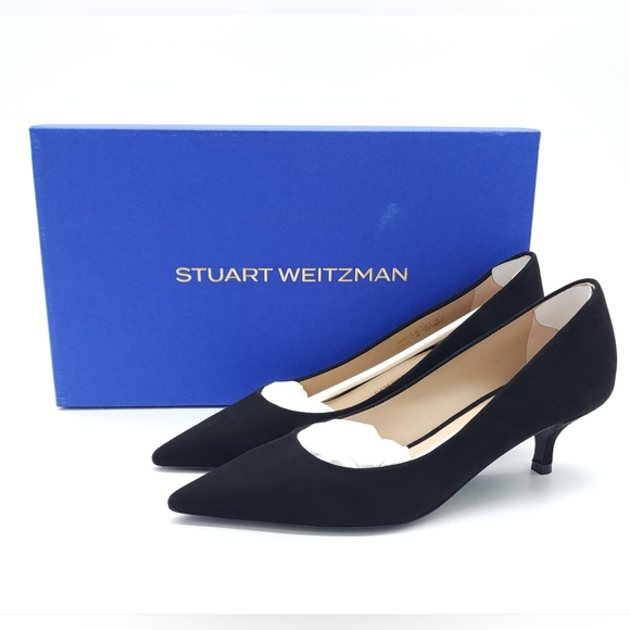 Stuart Weitzman Power 50 Suede Pointed Toe Kitten Heel Black Pump Size 6 - Picture 1 of 9